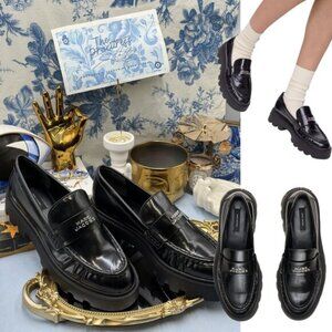 🆕 MARC JACOBS 🧿 NWOB The Frankie Logo-Plaque Platform Loafer, Black Sz 39 US 9